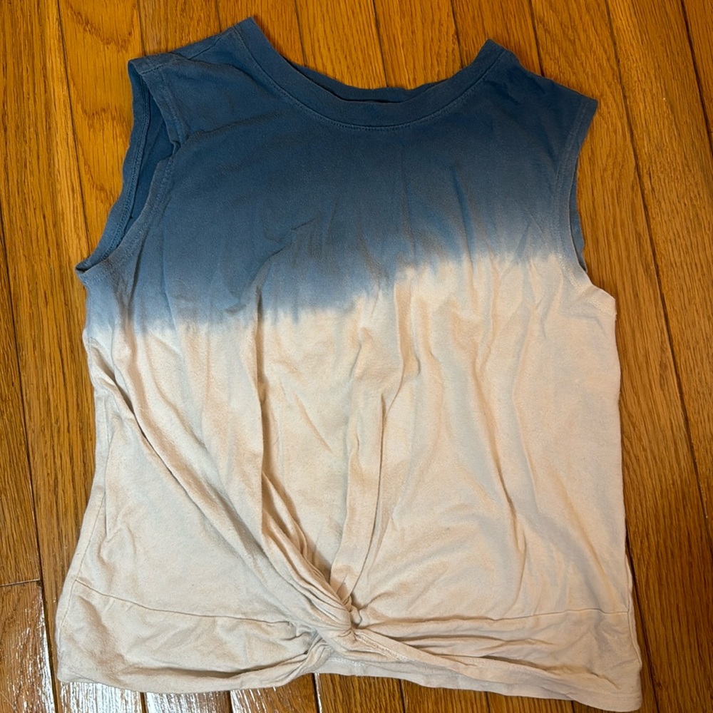 Blue and white front twist muscle tank top. Great for exercise and summer!